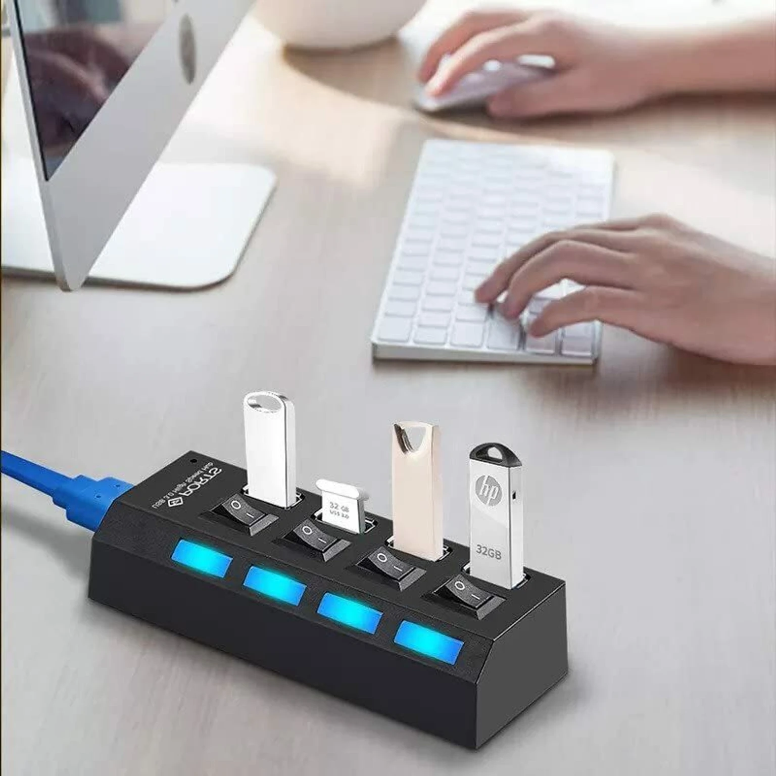Usb Single Button 8-Port USB Hub with Individual Buttons (4+4) - Switchable USB Splitter ...