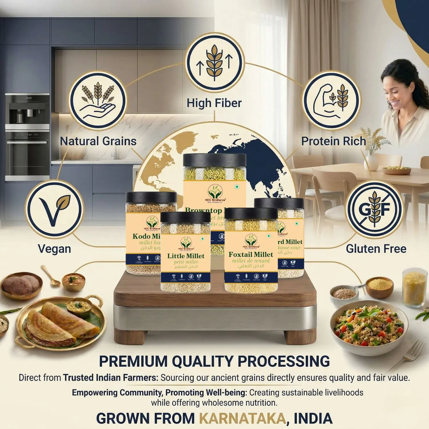 HDC Siridhanya Unpolished five positive millets combo pack 5 | Kodo, Little,Foxtail, Barnyard & Browntop | Sourced from Karnatka