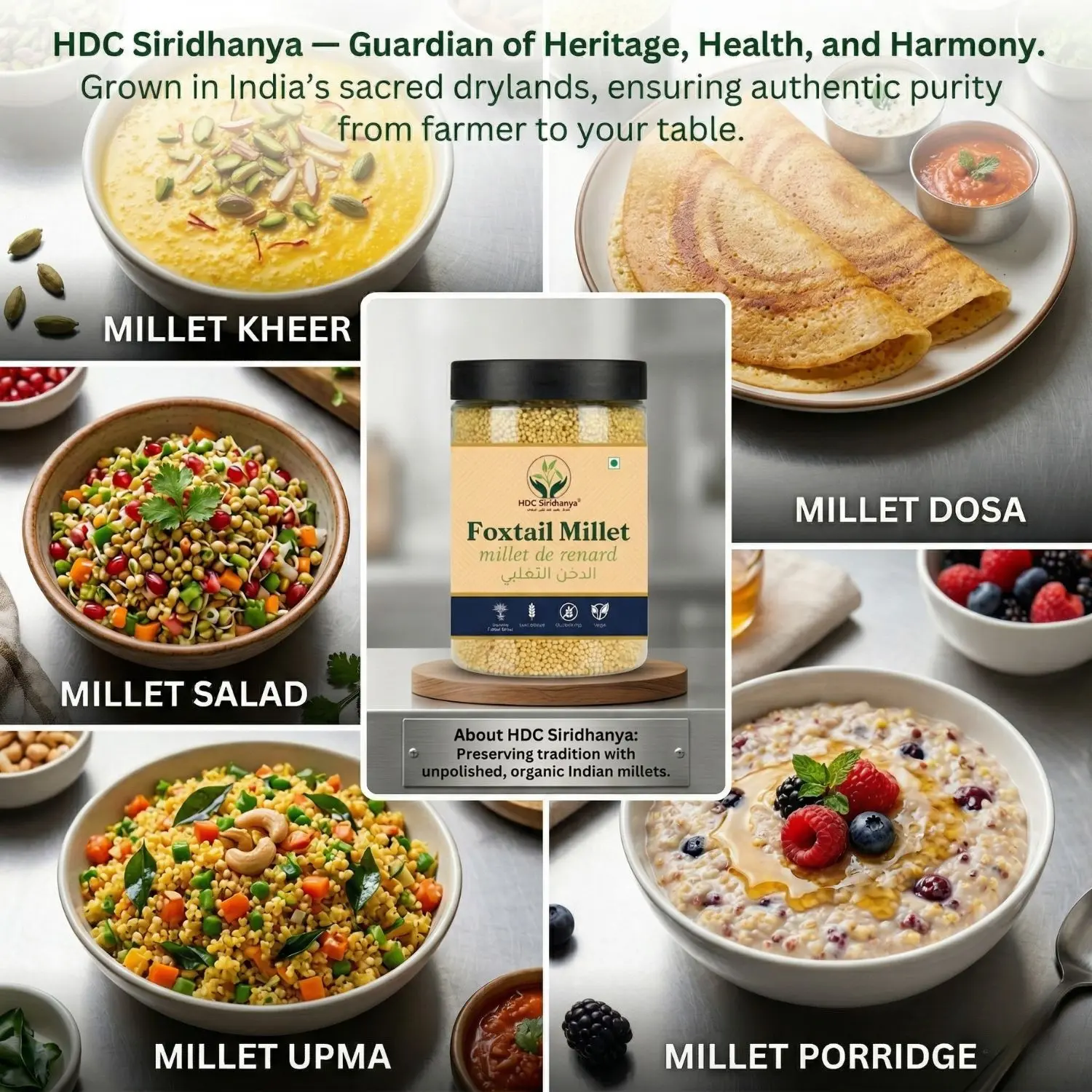 HDC Siridhanya Unpolished five positive millets combo pack 5 | Kodo, Little,Foxtail, Barnyard & Browntop | Sourced from Karnatka