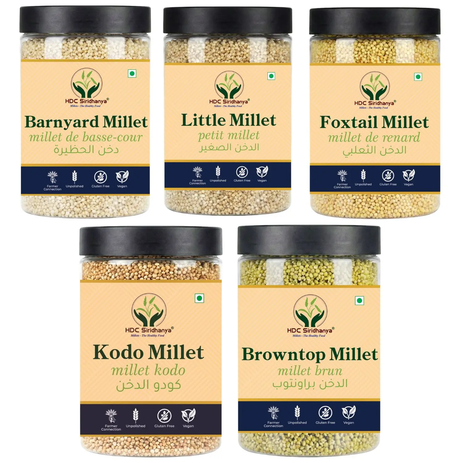 HDC Siridhanya Unpolished five positive millets combo pack 5 | Kodo, Little, Foxtail, Barnyard and Browntop | Sourced From Andhra Pradesh
