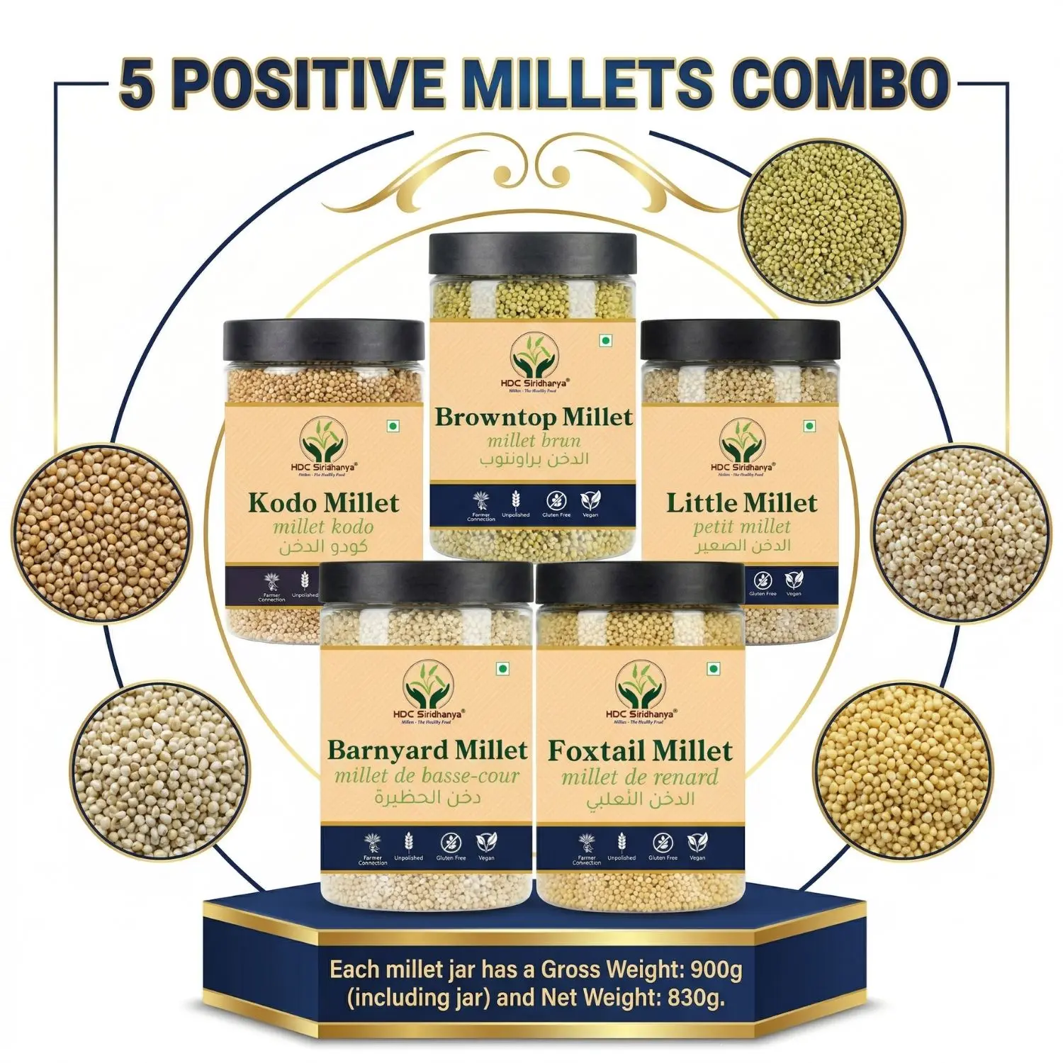 HDC Siridhanya Unpolished five positive millets combo pack 5 | Kodo, Little, Foxtail, Barnyard and Browntop | Sourced From Andhra Pradesh