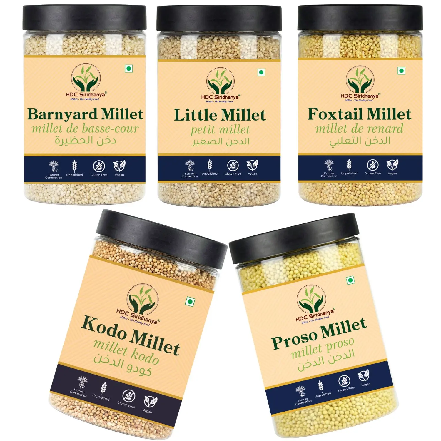 HDC Siridhanya Unpolished and organic gluten free millets combo pack 5 | Kodo, Little, Foxtail, Barnyard and Proso | Sourced From Andhra Pradesh