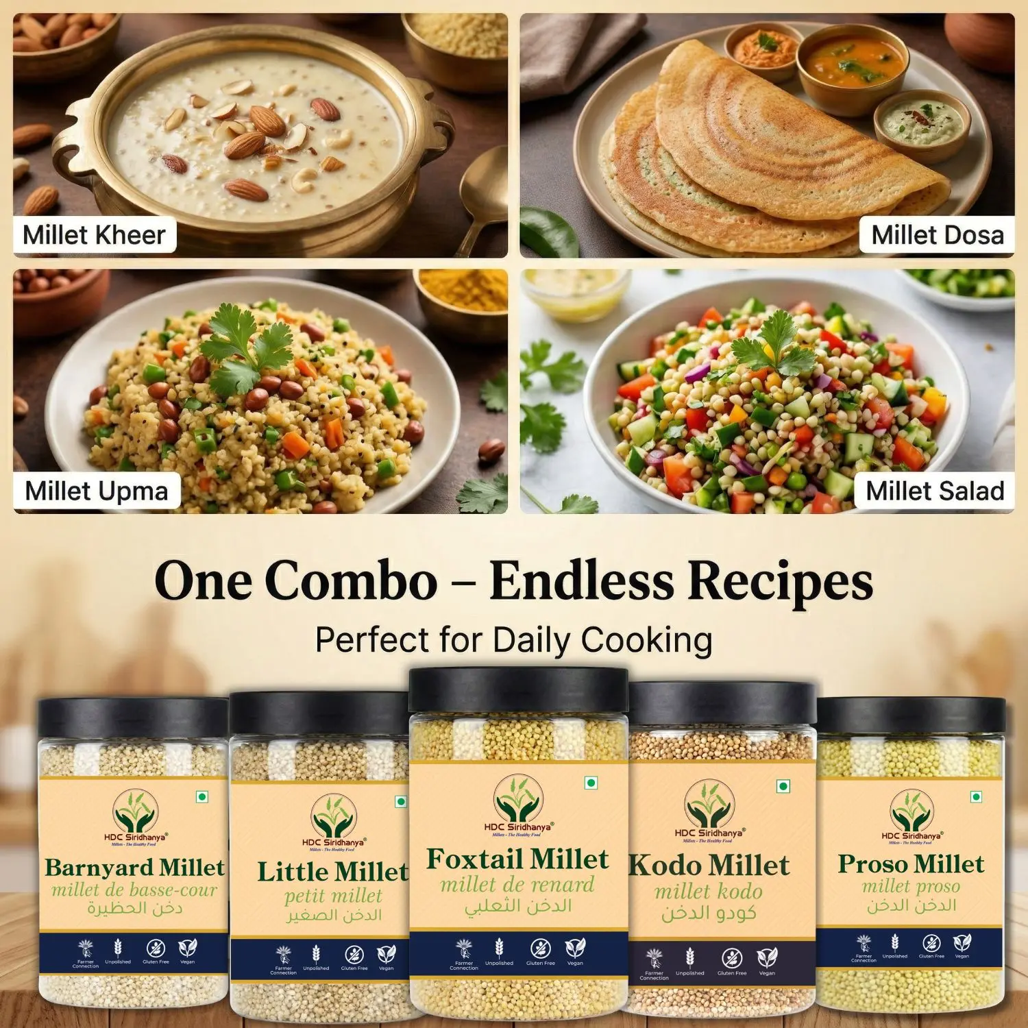 HDC Siridhanya Unpolished and organic gluten free millets combo pack 5 | Kodo, Little, Foxtail, Barnyard and Proso | Sourced From Andhra Pradesh