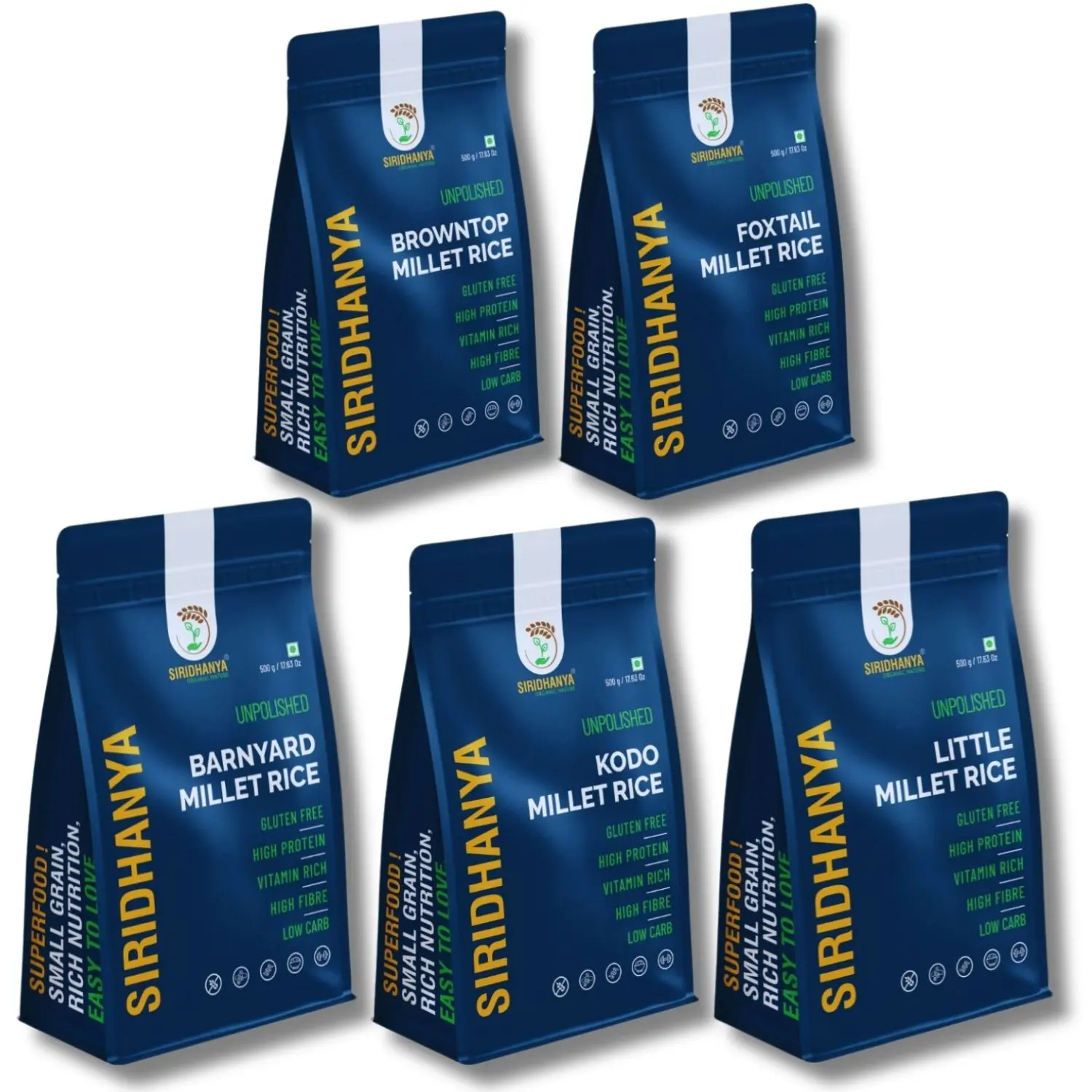 Siridhanya Unpolished millets whole grains Combo Pack (5 x 500g) – Foxtail, Kodo, Little, Barnyard, Browntop | Low GI, Gluten-Free, High Fibre &amp; Plant based Protein | Natural Healthy Grain for healthy life wt. 2.5kg