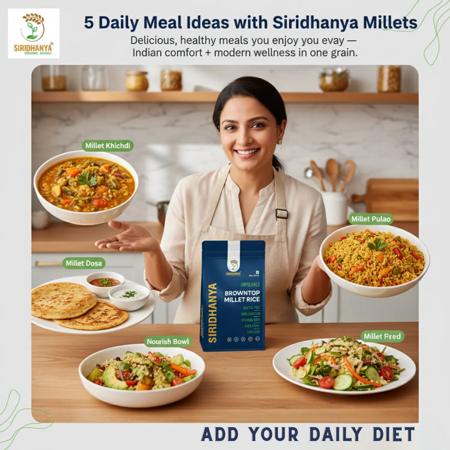 Siridhanya Unpolished millets whole grains Combo Pack (5 x 500g) – Foxtail, Kodo, Little, Barnyard, Browntop | Low GI, Gluten-Free, High Fibre & Plant based Protein | Natural Healthy Grain for healthy life wt. 2.5kg