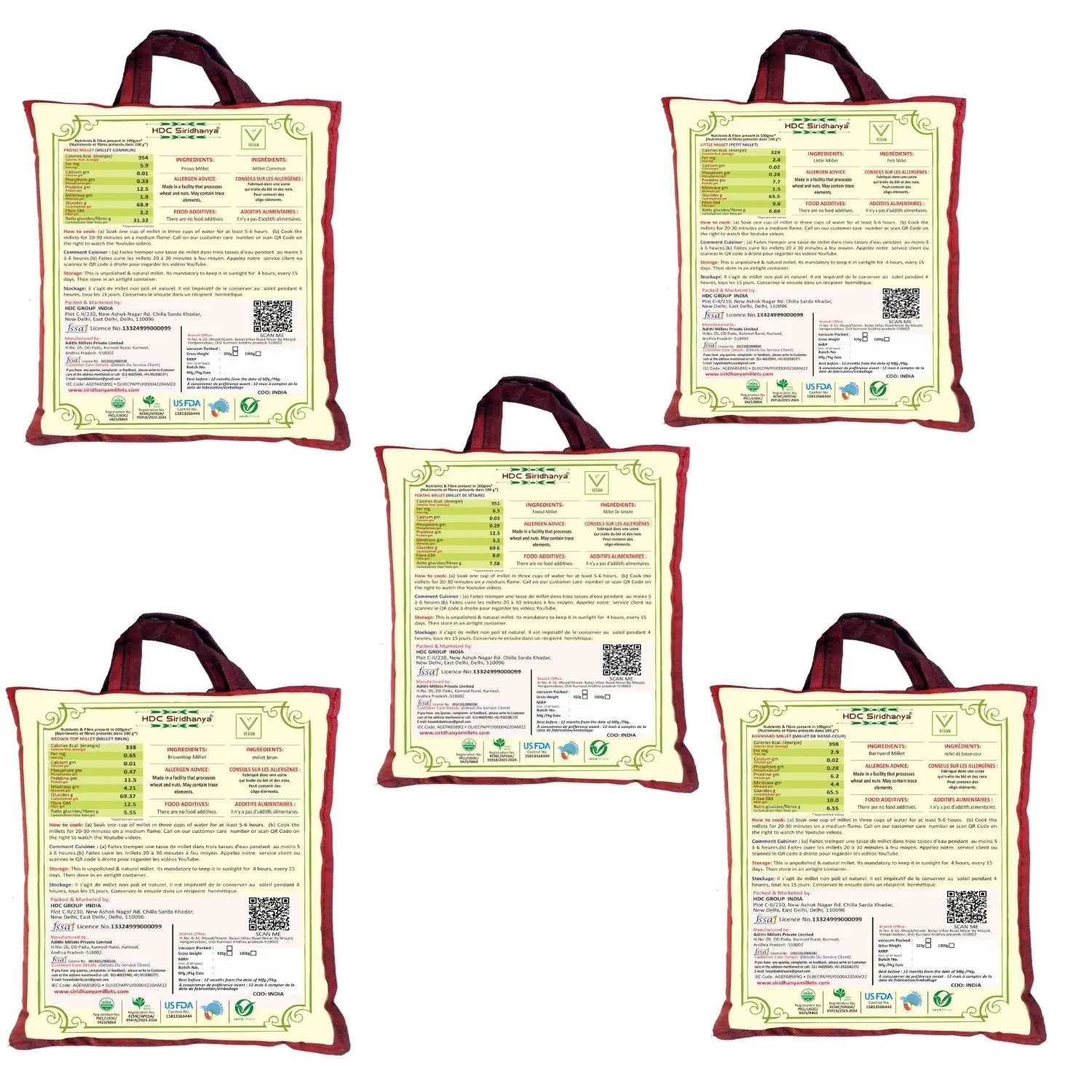 HDC Siridhanya Unpolished five positive millets combo pack 5 | Kodo, Little,Foxtail, Barnyard & Browntop | Vacuum packed, Sourced from Karnatka (India)