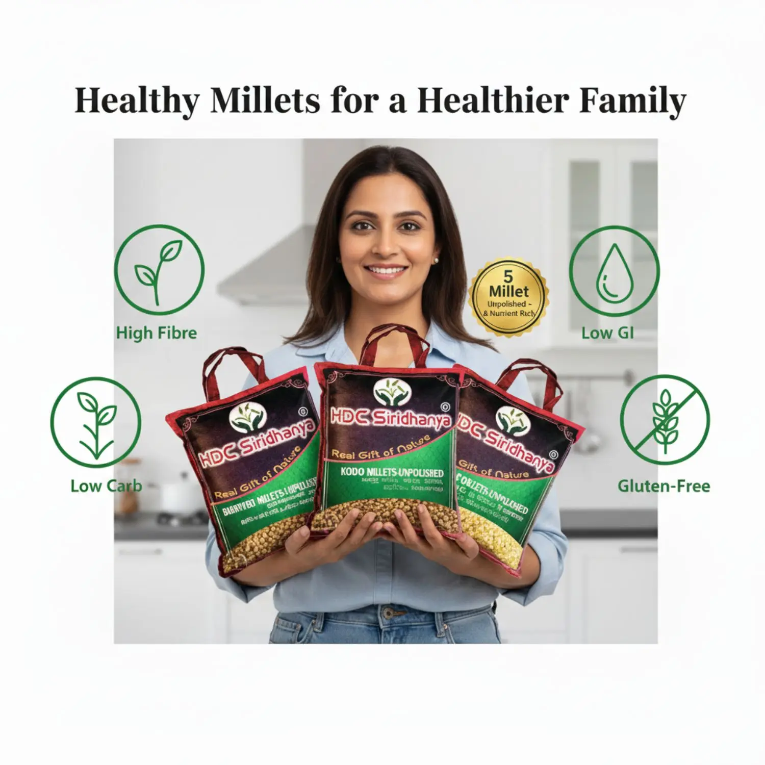 HDC Siridhanya Unpolished five positive millets combo pack 5 | Kodo, Little,Foxtail, Barnyard & Browntop | Vacuum packed, Sourced from Karnatka (India)