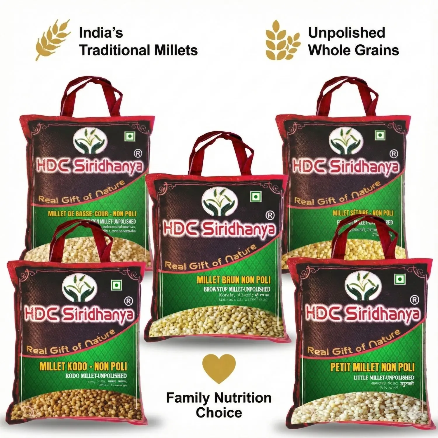 HDC Siridhanya Unpolished five positive millets combo pack 5 | Kodo, Little,Foxtail, Barnyard & Browntop | Vacuum packed, Sourced from Karnatka (India)