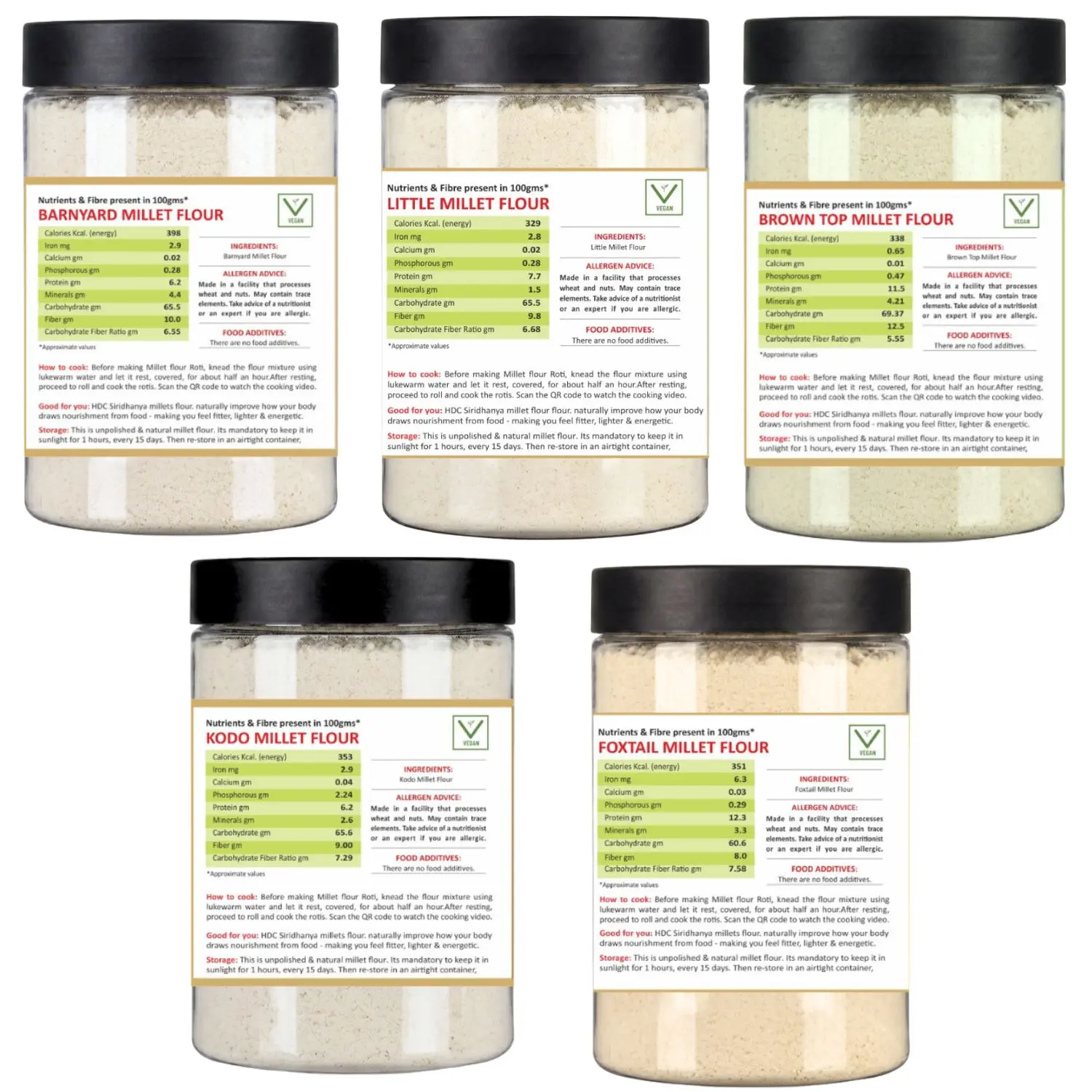 HDC Siridhanya Unpolished five positive millets Flour combo pack 5 | Kodo, Little,Foxtail, Barnyard & Browntop | Gluten Free | Plant Based Protein| Sourced from Karnatka