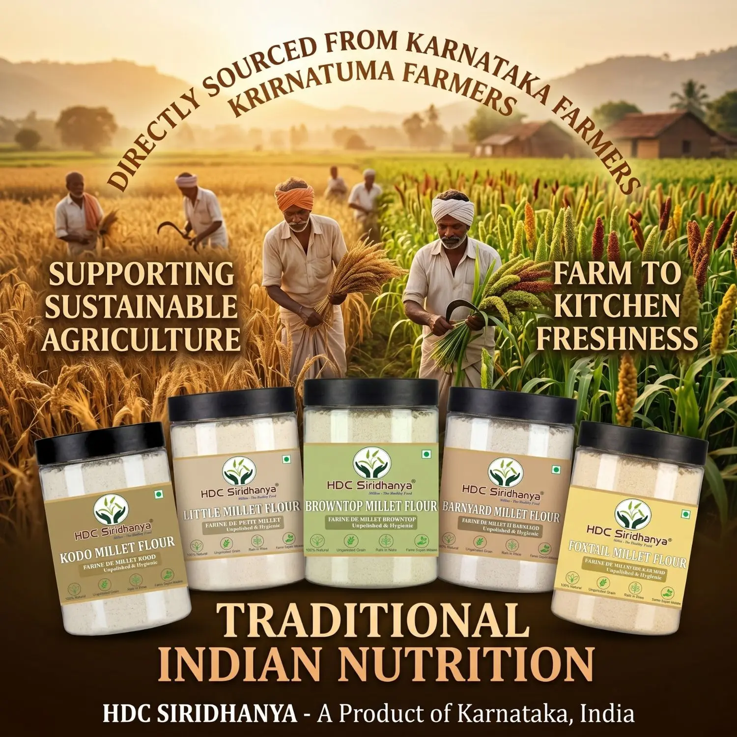 HDC Siridhanya Unpolished five positive millets Flour combo pack 5 | Kodo, Little,Foxtail, Barnyard & Browntop | Gluten Free | Plant Based Protein| Sourced from Karnatka