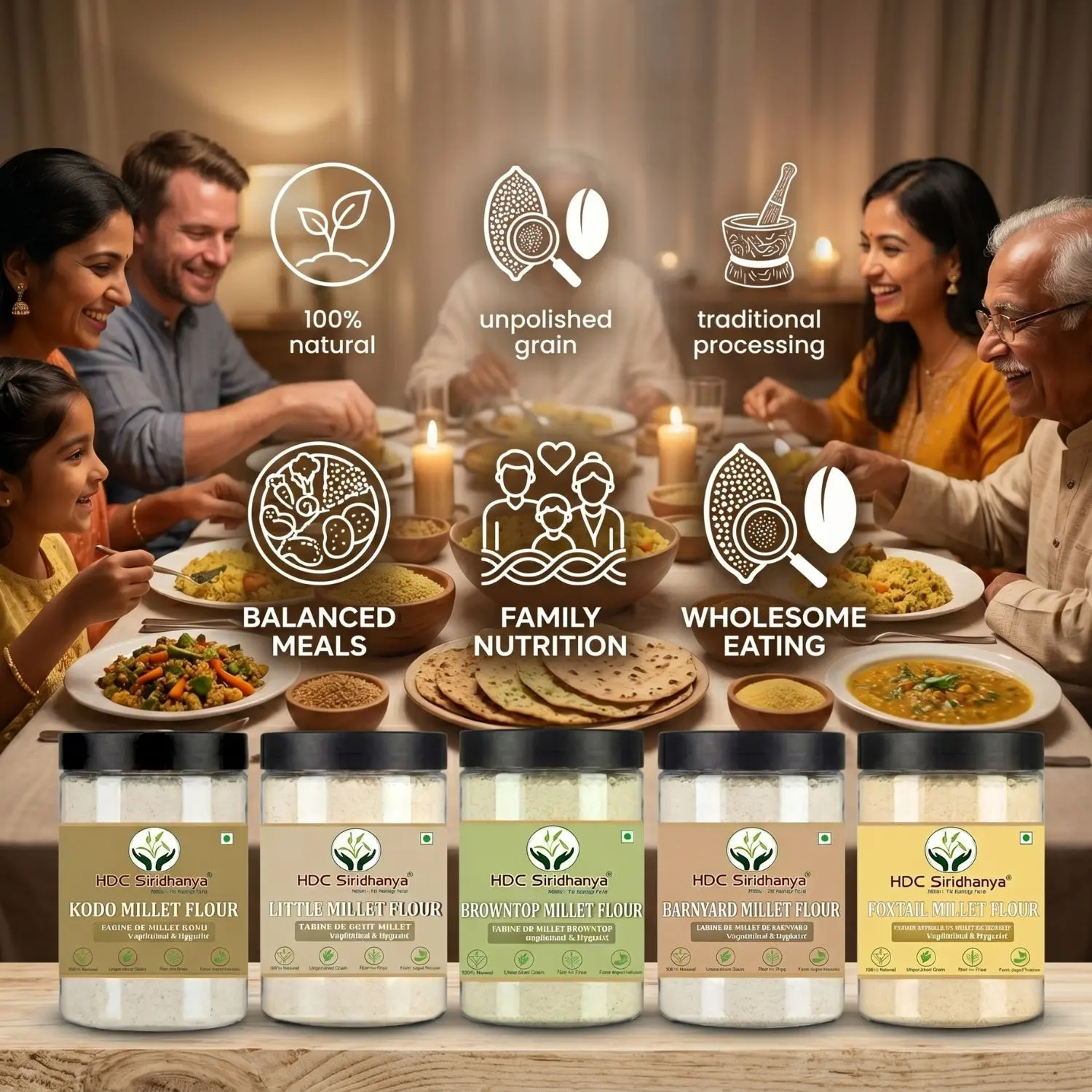 HDC Siridhanya Unpolished five positive millets Flour combo pack 5 | Kodo, Little,Foxtail, Barnyard & Browntop | Gluten Free | Plant Based Protein| Sourced from Karnatka