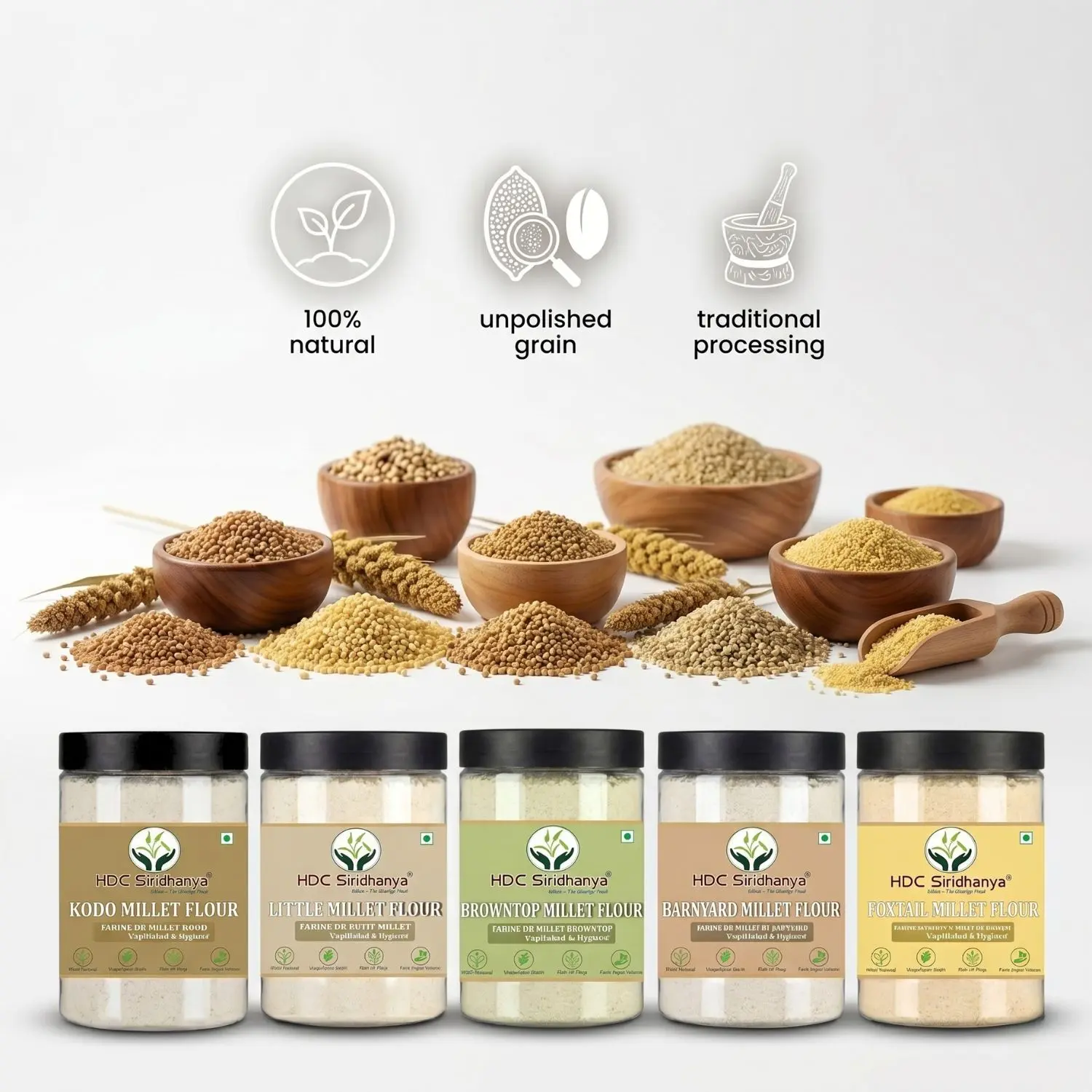 HDC Siridhanya Unpolished five positive millets Flour combo pack 5 | Kodo, Little,Foxtail, Barnyard & Browntop | Gluten Free | Plant Based Protein| Sourced from Karnatka