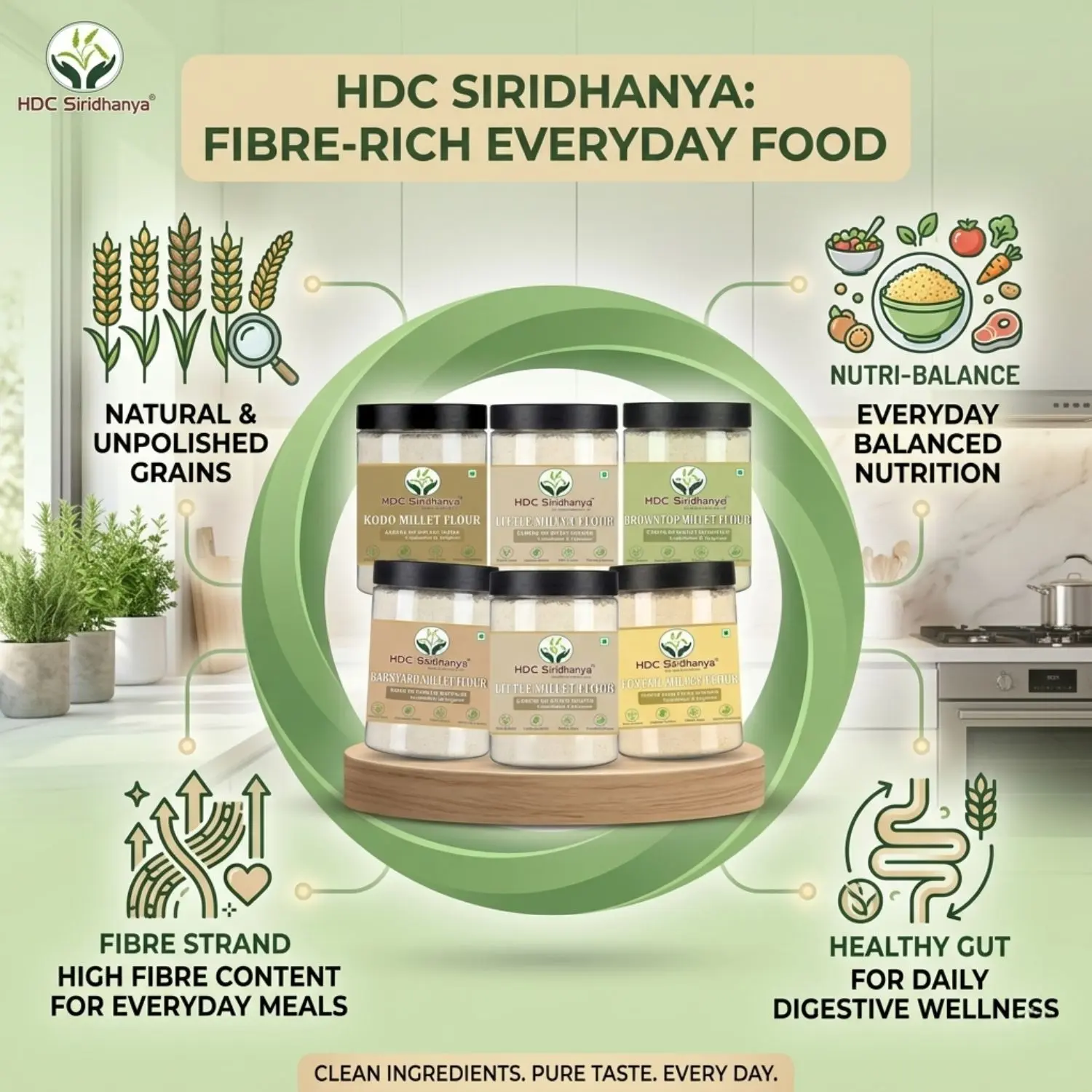 HDC Siridhanya Unpolished five positive millets Flour combo pack 5 | Kodo, Little,Foxtail, Barnyard & Browntop | Gluten Free | Plant Based Protein| Sourced from Karnatka