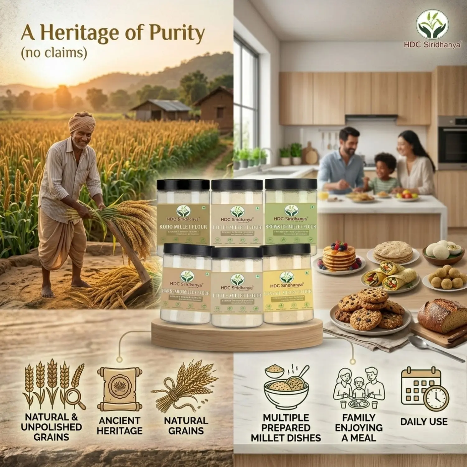 HDC Siridhanya Unpolished five positive millets Flour combo pack 5 | Kodo, Little,Foxtail, Barnyard & Browntop | Gluten Free | Plant Based Protein| Sourced from Karnatka