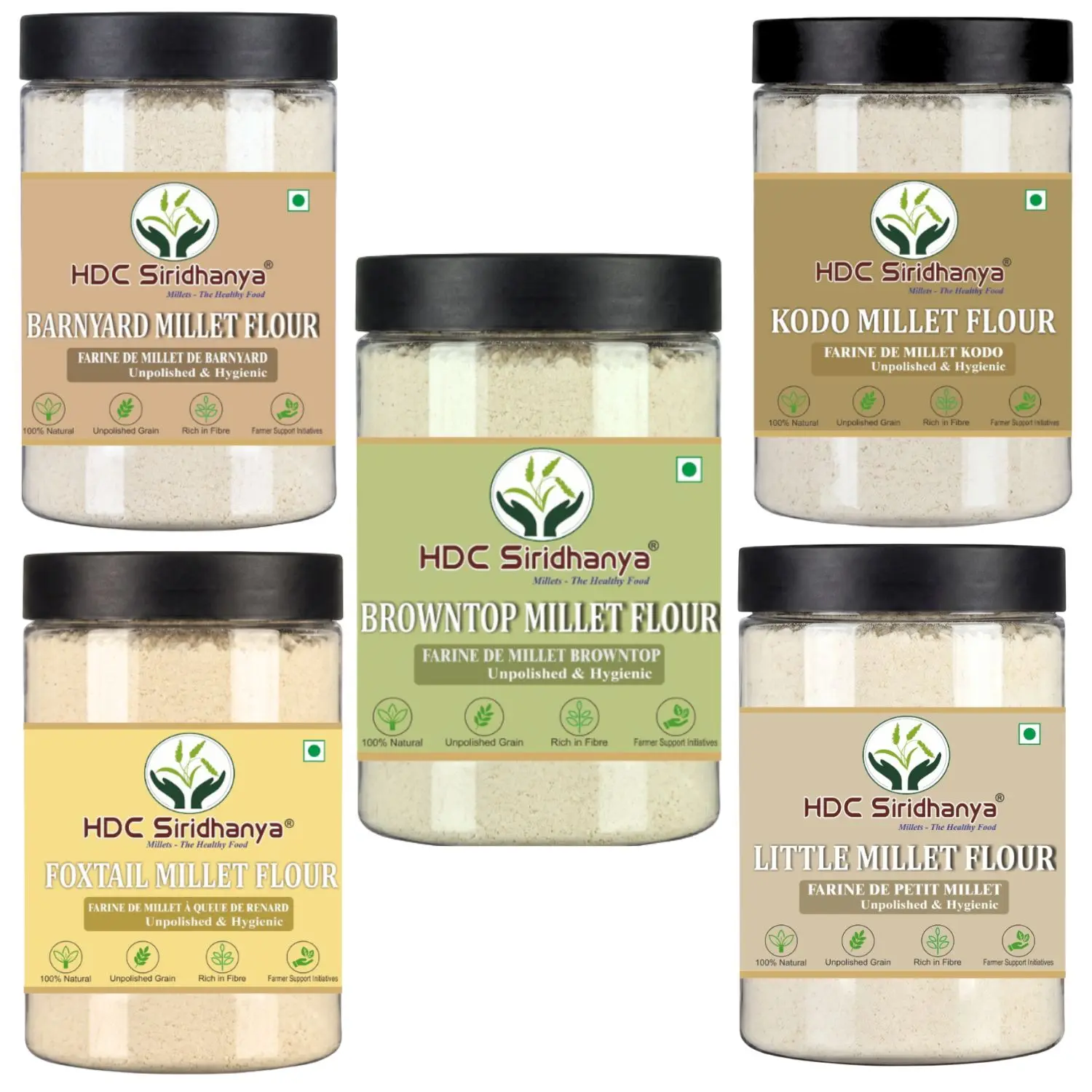 HDC Siridhanya Unpolished five positive millets Flour combo pack 5 | Kodo, Little,Foxtail, Barnyard &amp; Browntop | Gluten Free | Plant Based Protein| Sourced from Karnatka