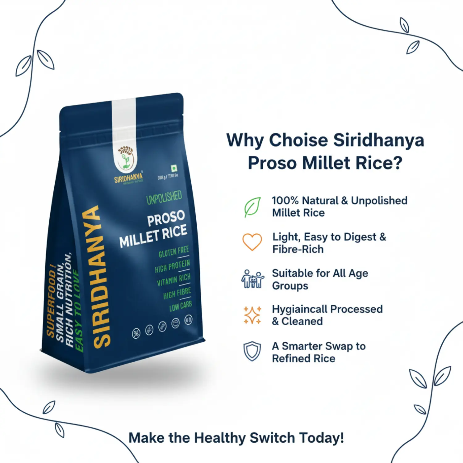 Siridhanya Unpolished millets whole grains Combo Pack (5 x 500g) – Foxtail, Kodo, Little, Barnyard, Proso | Low GI, Gluten-Free, High Fibre & Plant based Protein | Natural Healthy Grain for healthy life wt. 2.5kg