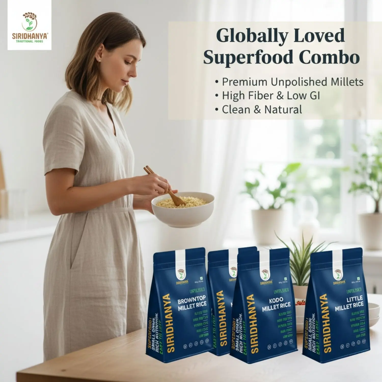 Siridhanya Unpolished millets whole grains Combo Pack (5 x 500g) – Foxtail, Kodo, Little, Barnyard, Proso | Low GI, Gluten-Free, High Fibre & Plant based Protein | Natural Healthy Grain for healthy life wt. 2.5kg