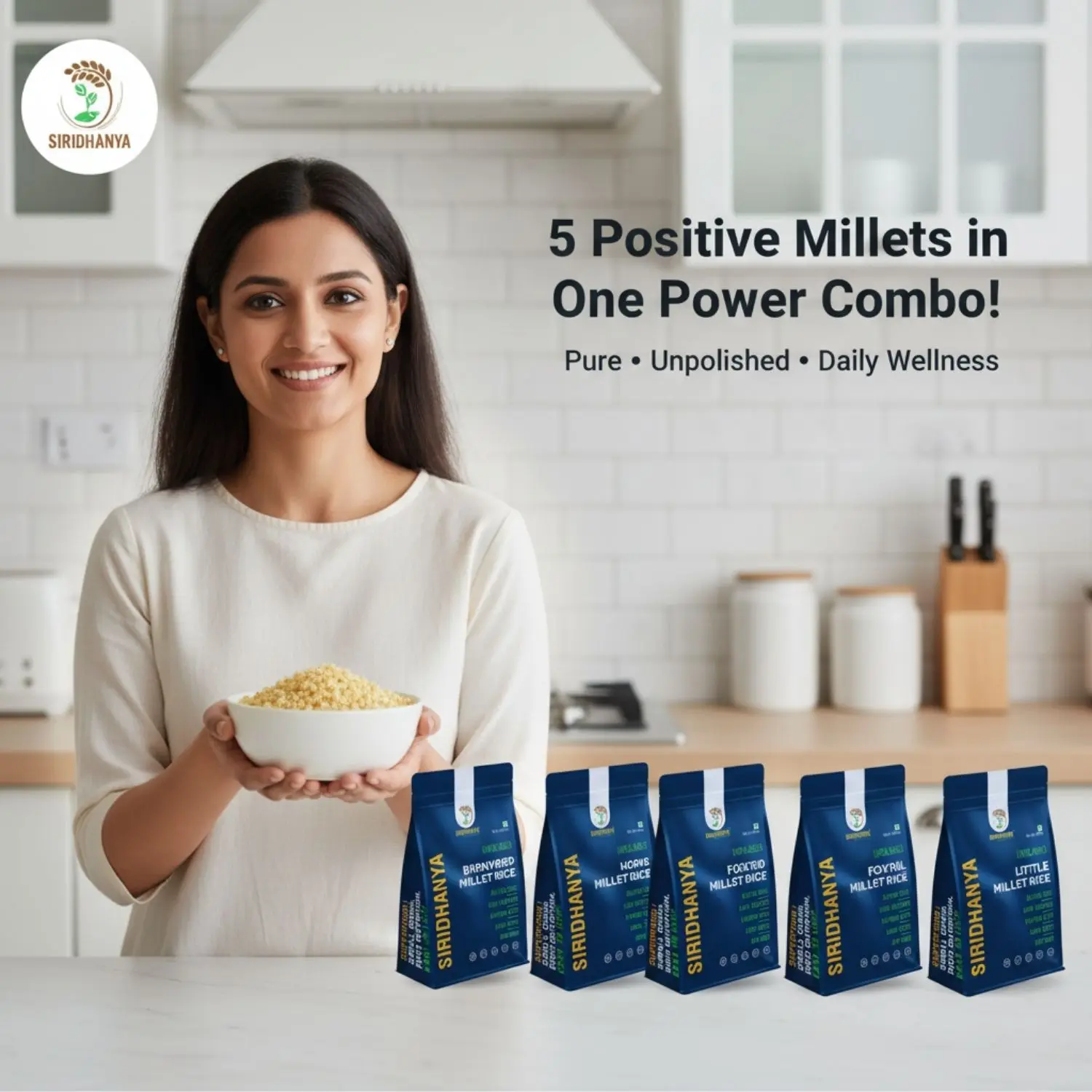 Siridhanya Unpolished millets whole grains Combo Pack (5 x 500g) – Foxtail, Kodo, Little, Barnyard, Proso | Low GI, Gluten-Free, High Fibre & Plant based Protein | Natural Healthy Grain for healthy life wt. 2.5kg