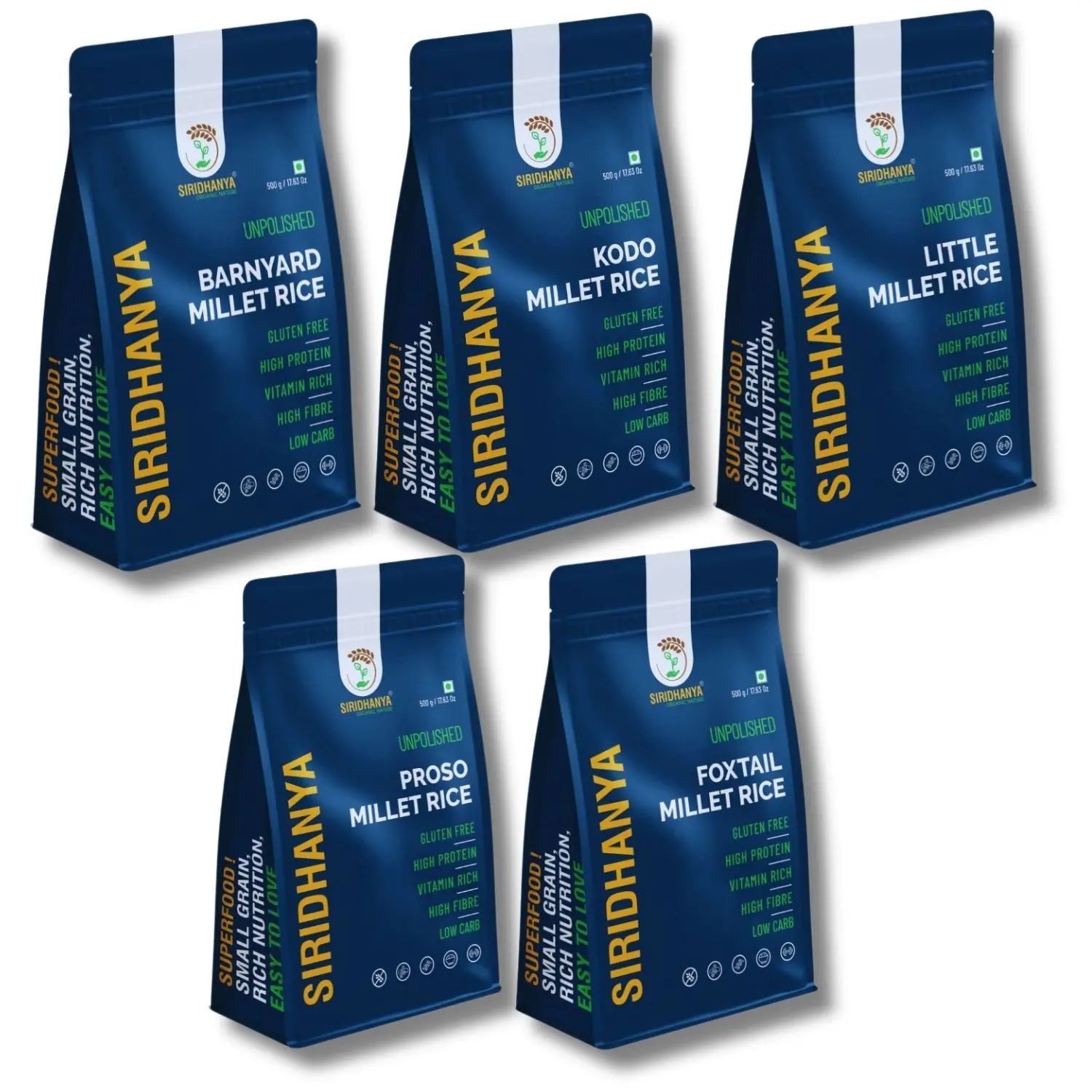 Siridhanya Unpolished millets whole grains Combo Pack (5 x 500g) – Foxtail, Kodo, Little, Barnyard, Proso | Low GI, Gluten-Free, High Fibre &amp; Plant based Protein | Natural Healthy Grain for healthy life wt. 2.5kg