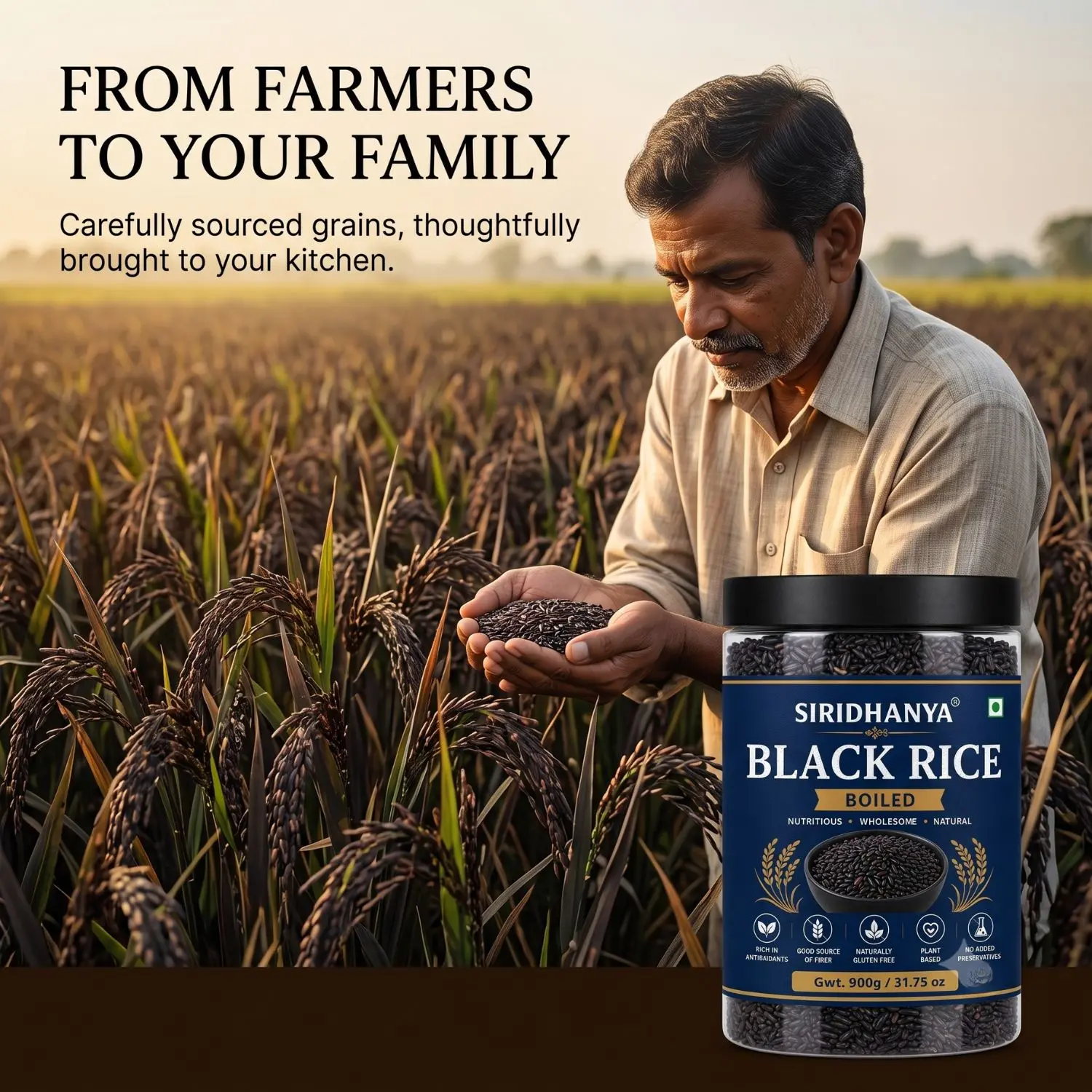 Siridhanya Unpolished boiled black rice  Whole Grain | Rich in Vitamin | Gluten Free | Non-GMO | Plant Based Protein | 900g ( pack of 1)