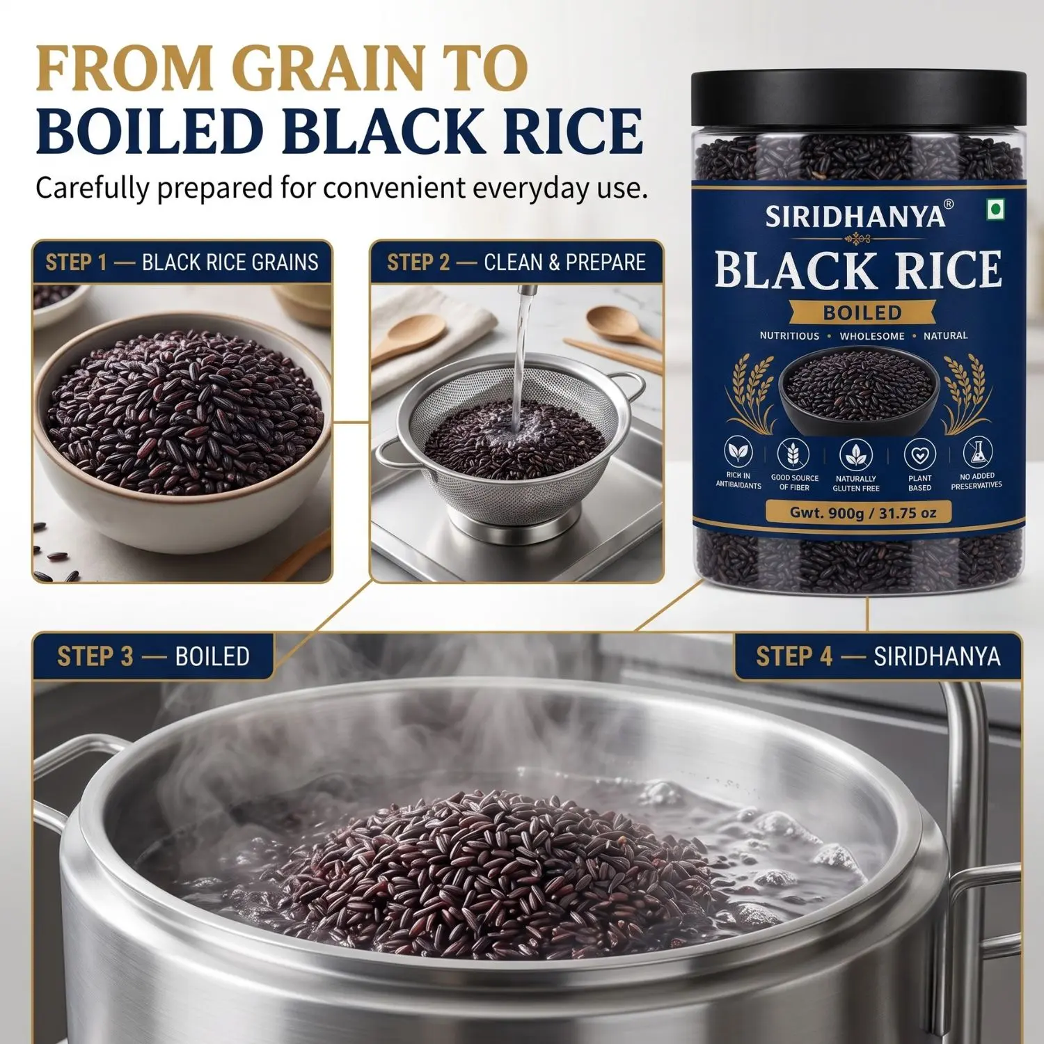 Siridhanya Unpolished boiled black rice  Whole Grain | Rich in Vitamin | Gluten Free | Non-GMO | Plant Based Protein | 900g ( pack of 1)