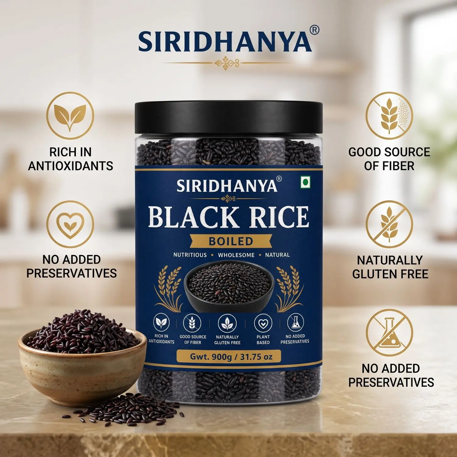 Siridhanya Unpolished boiled black rice  Whole Grain | Rich in Vitamin | Gluten Free | Non-GMO | Plant Based Protein | 900g ( pack of 1)
