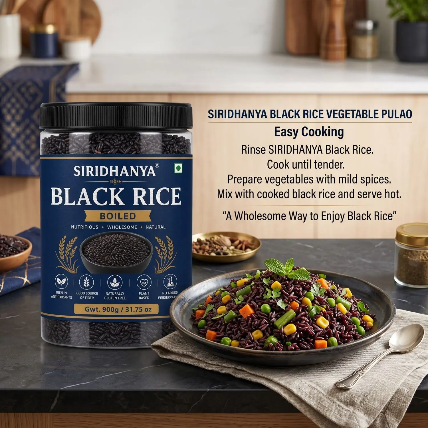Siridhanya Unpolished boiled black rice  Whole Grain | Rich in Vitamin | Gluten Free | Non-GMO | Plant Based Protein | 900g ( pack of 1)
