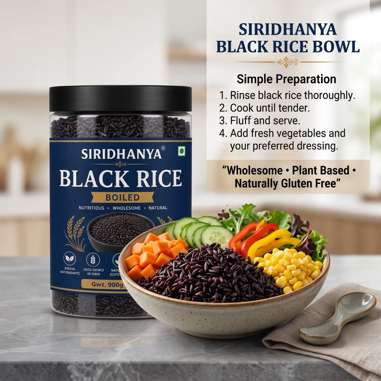 Siridhanya Unpolished boiled black rice  Whole Grain | Rich in Vitamin | Gluten Free | Non-GMO | Plant Based Protein | 900g ( pack of 1)