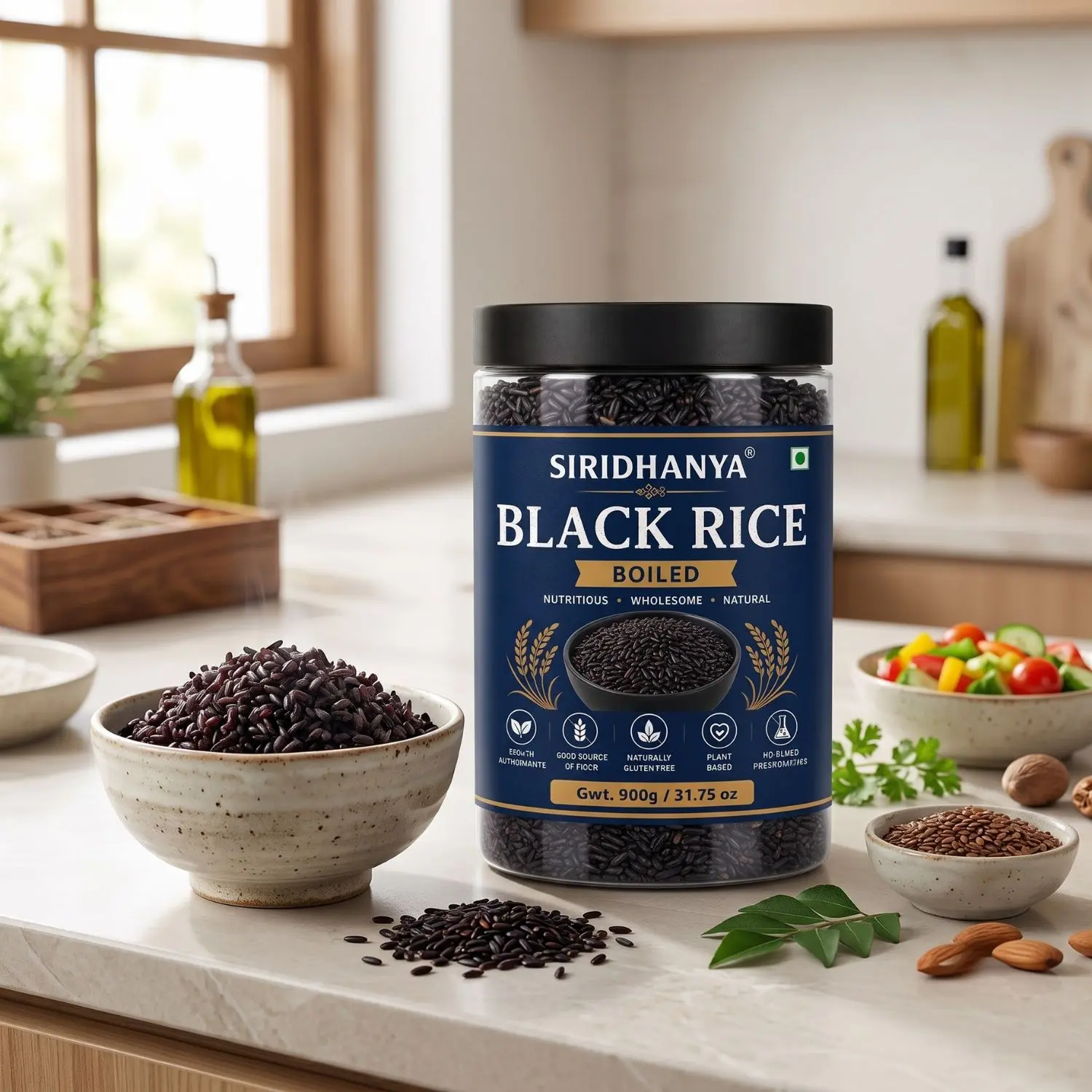 Siridhanya Unpolished boiled black rice  Whole Grain | Rich in Vitamin | Gluten Free | Non-GMO | Plant Based Protein | 900g ( pack of 1)