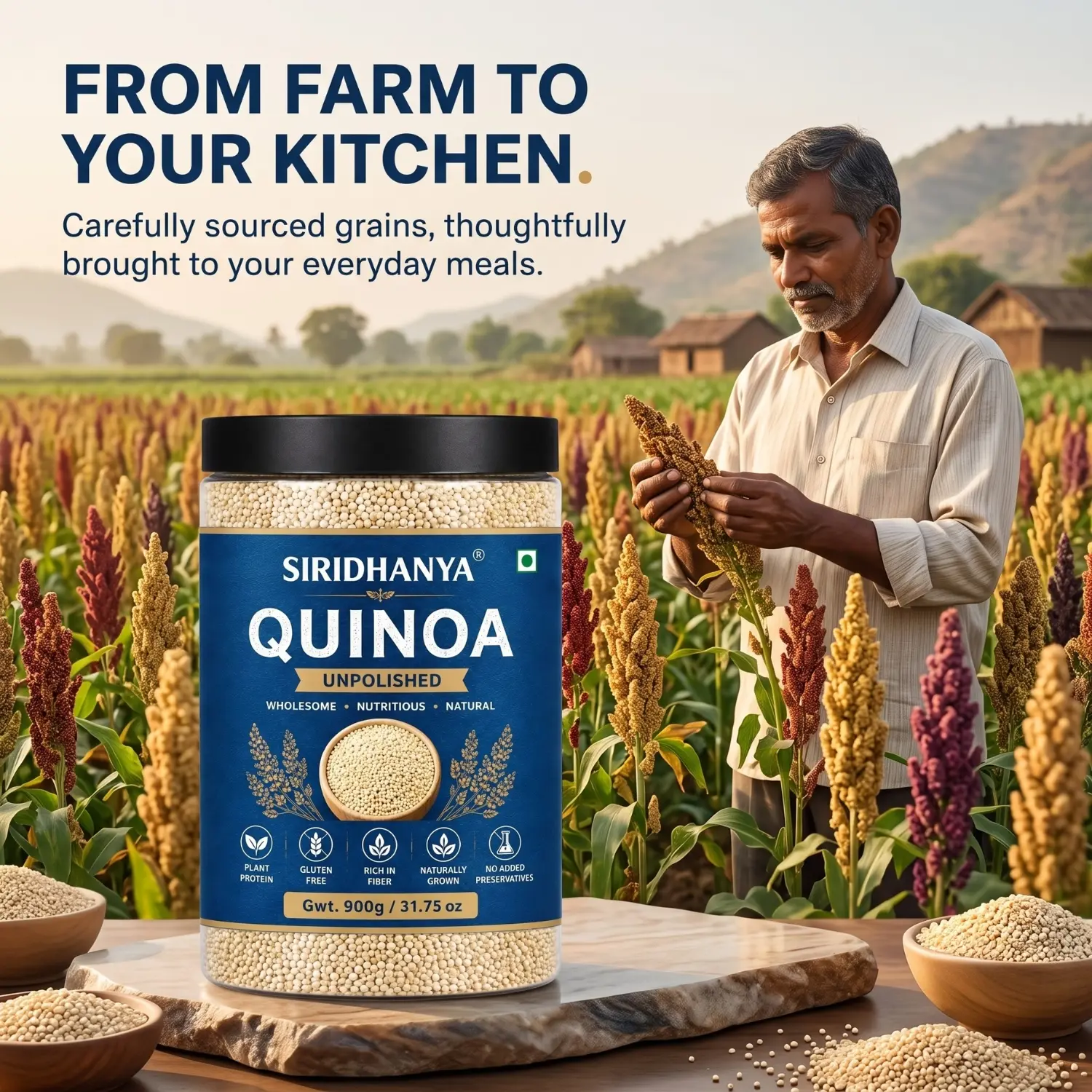 Siridhanya Unpolished Quinoa Whole Grain | Rich in Vitamin | Gluten Free | Non-GMO | Plant Based Protein | 900g ( pack of 1)