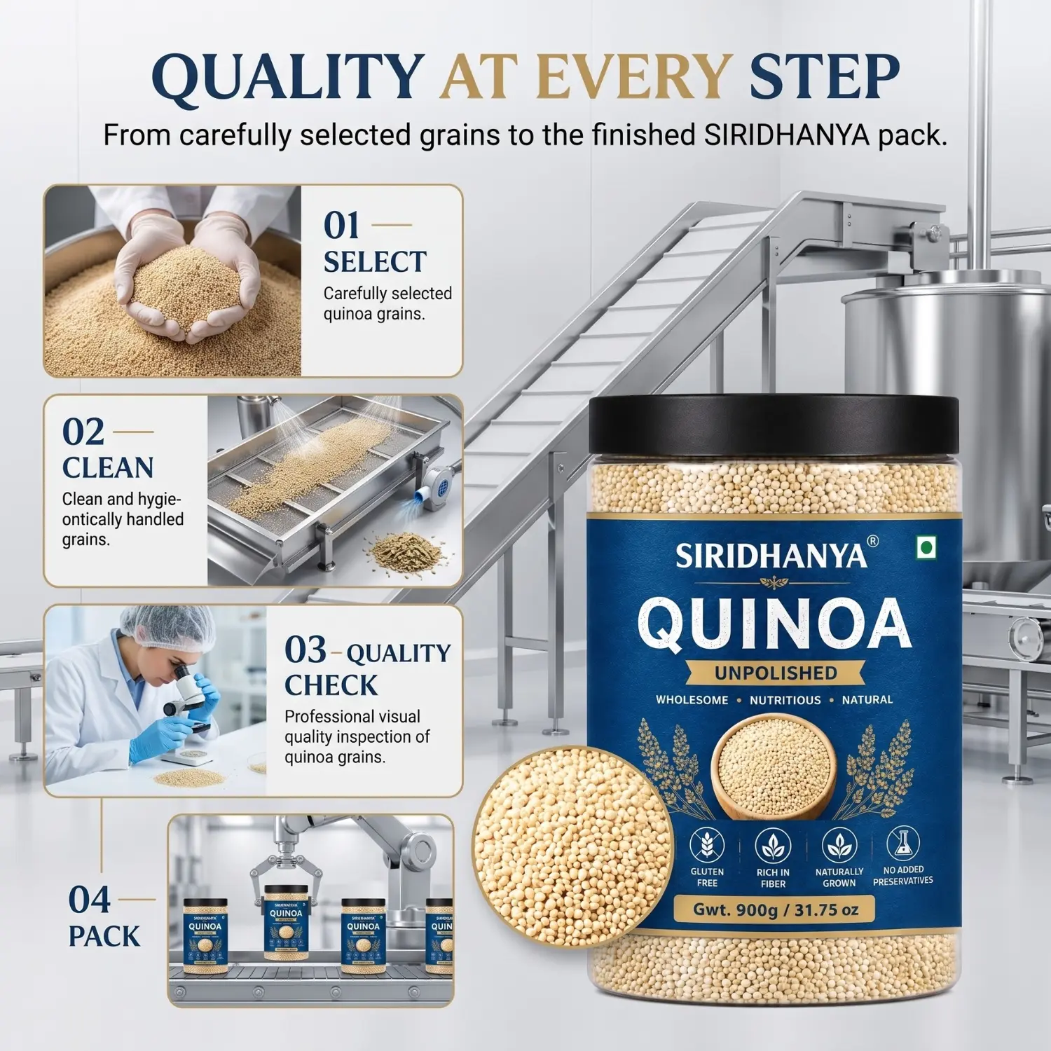 Siridhanya Unpolished Quinoa Whole Grain | Rich in Vitamin | Gluten Free | Non-GMO | Plant Based Protein | 900g ( pack of 1)