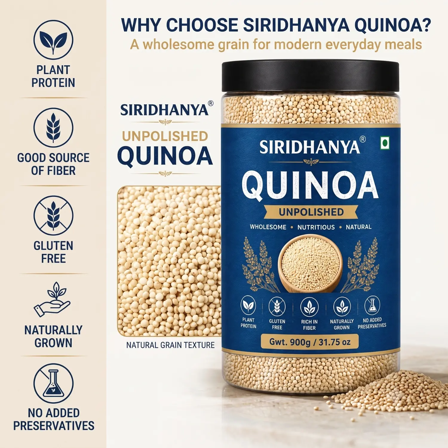 Siridhanya Unpolished Quinoa Whole Grain | Rich in Vitamin | Gluten Free | Non-GMO | Plant Based Protein | 900g ( pack of 1)