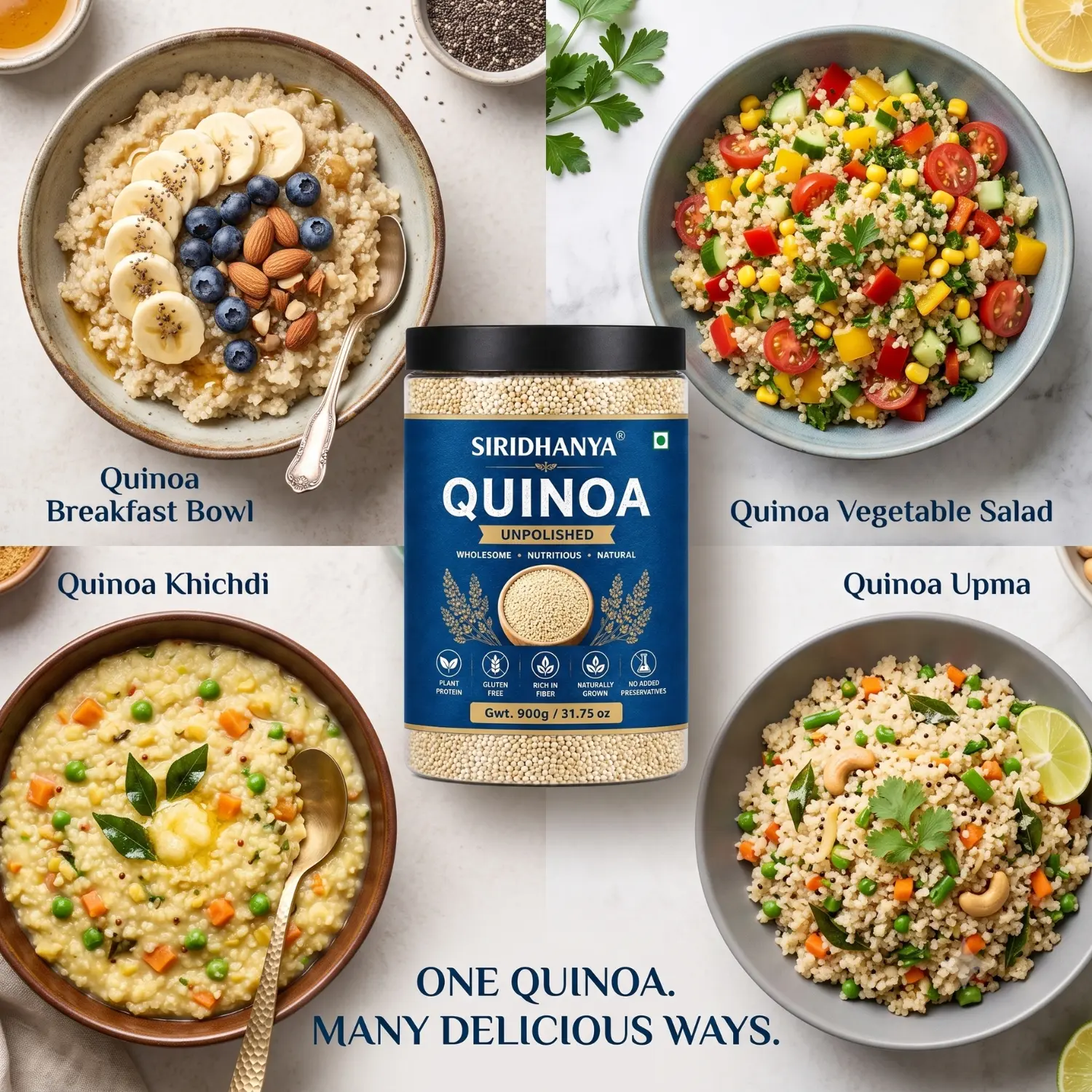 Siridhanya Unpolished Quinoa Whole Grain | Rich in Vitamin | Gluten Free | Non-GMO | Plant Based Protein | 900g ( pack of 1)