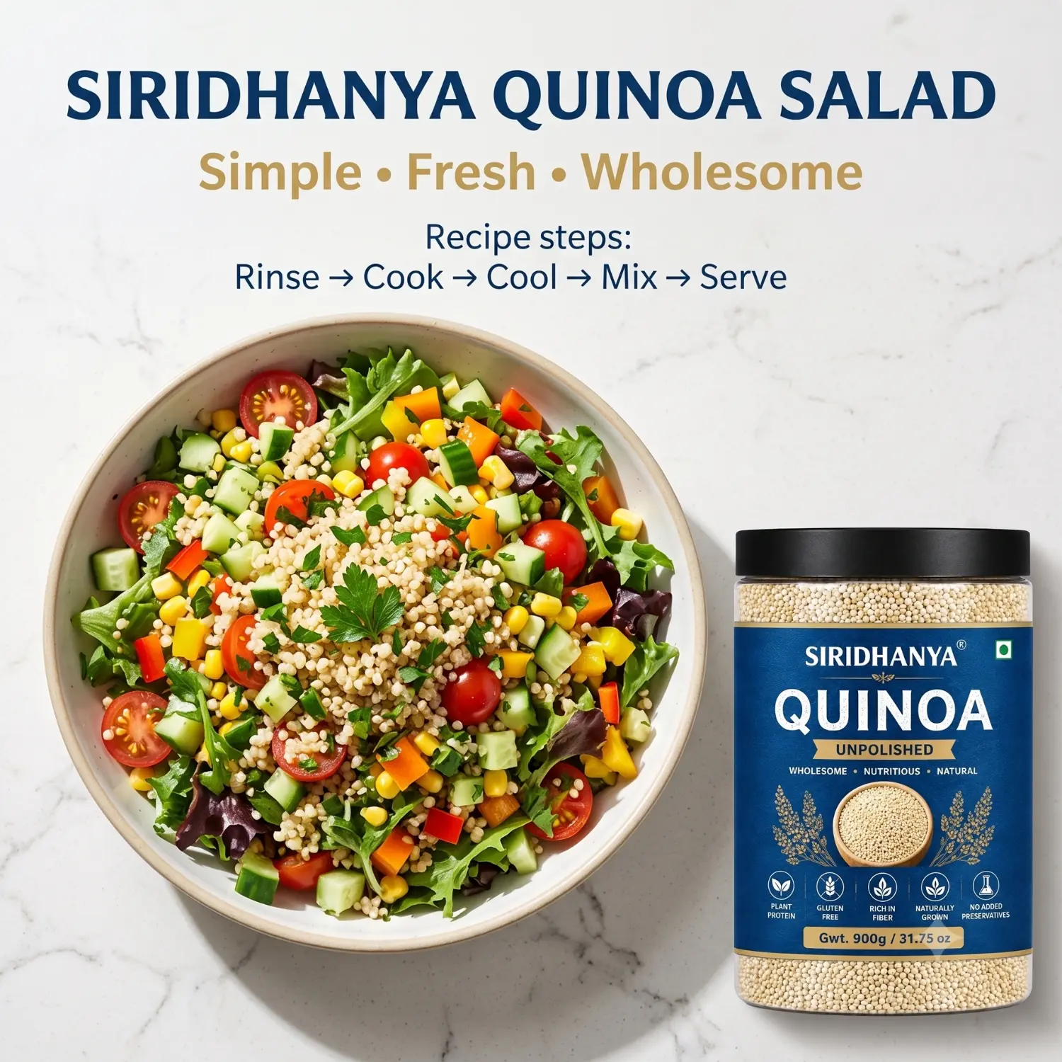 Siridhanya Unpolished Quinoa Whole Grain | Rich in Vitamin | Gluten Free | Non-GMO | Plant Based Protein | 900g ( pack of 1)