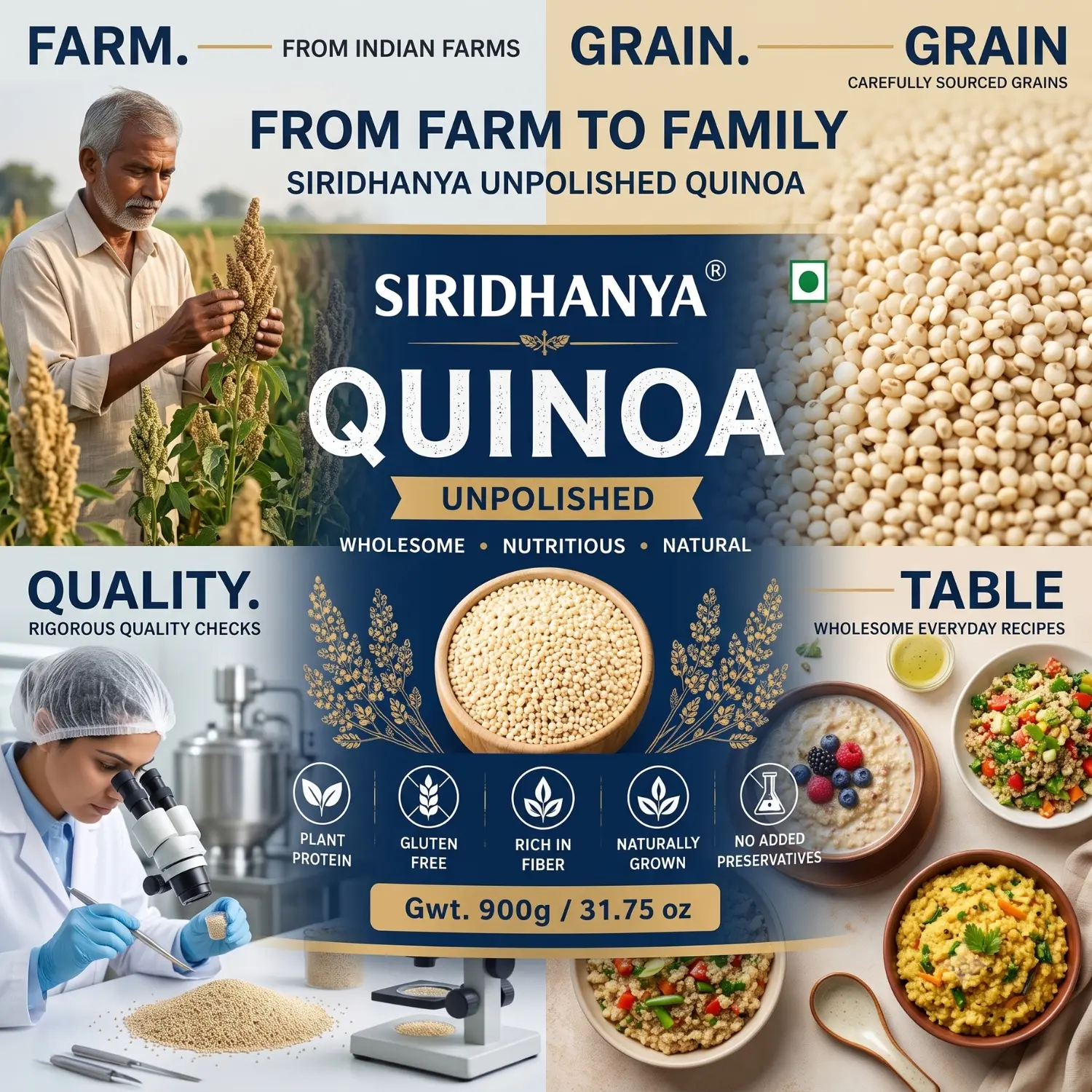 Siridhanya Unpolished Quinoa Whole Grain | Rich in Vitamin | Gluten Free | Non-GMO | Plant Based Protein | 900g ( pack of 1)