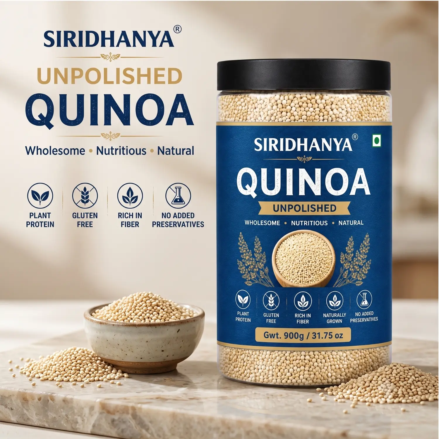 Siridhanya Unpolished Quinoa Whole Grain | Rich in Vitamin | Gluten Free | Non-GMO | Plant Based Protein | 900g ( pack of 1)