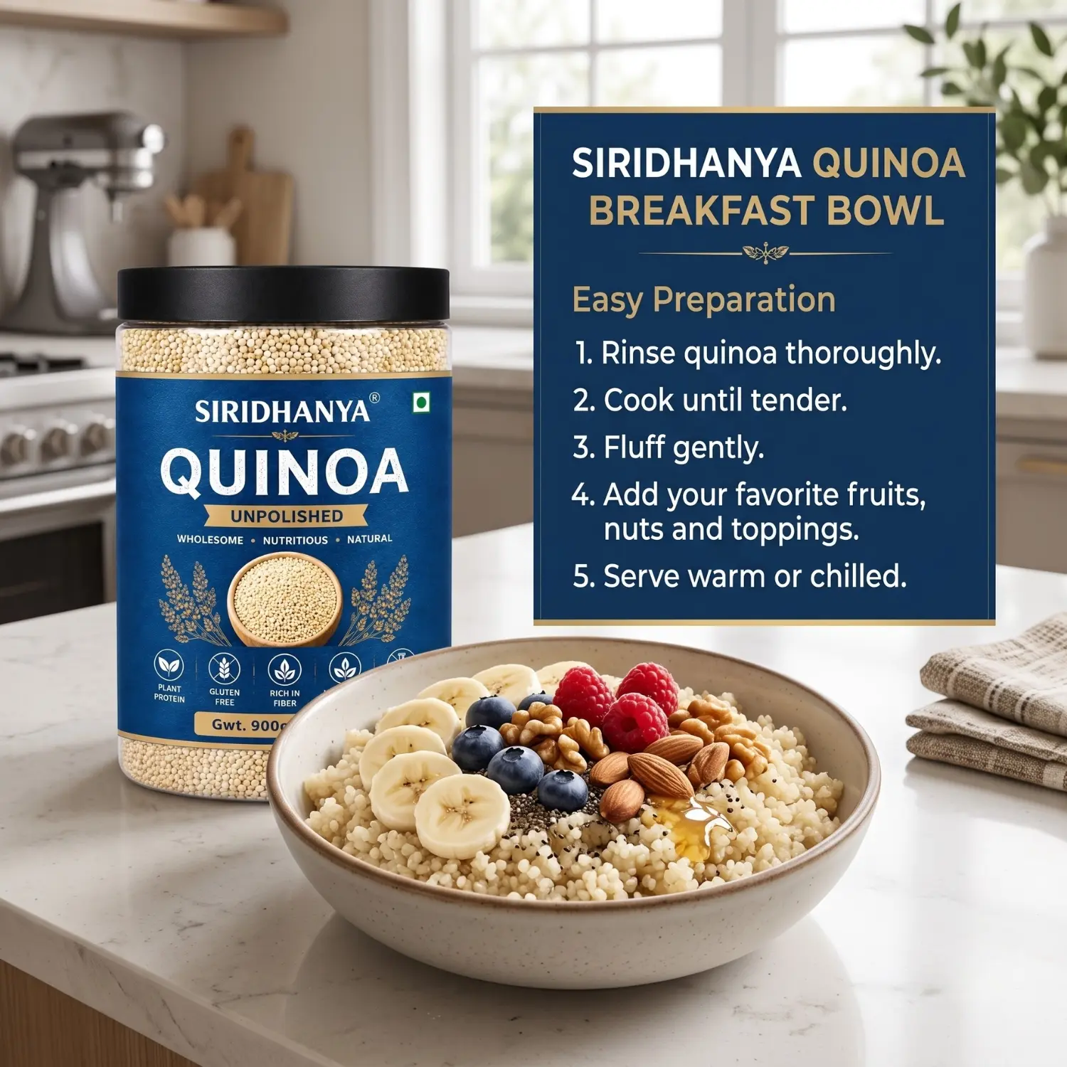 Siridhanya Unpolished Quinoa Whole Grain | Rich in Vitamin | Gluten Free | Non-GMO | Plant Based Protein | 900g ( pack of 1)